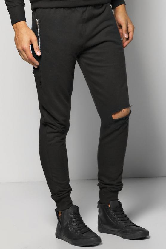 Skinny Fit Distressed Joggers With Zip Pockets
